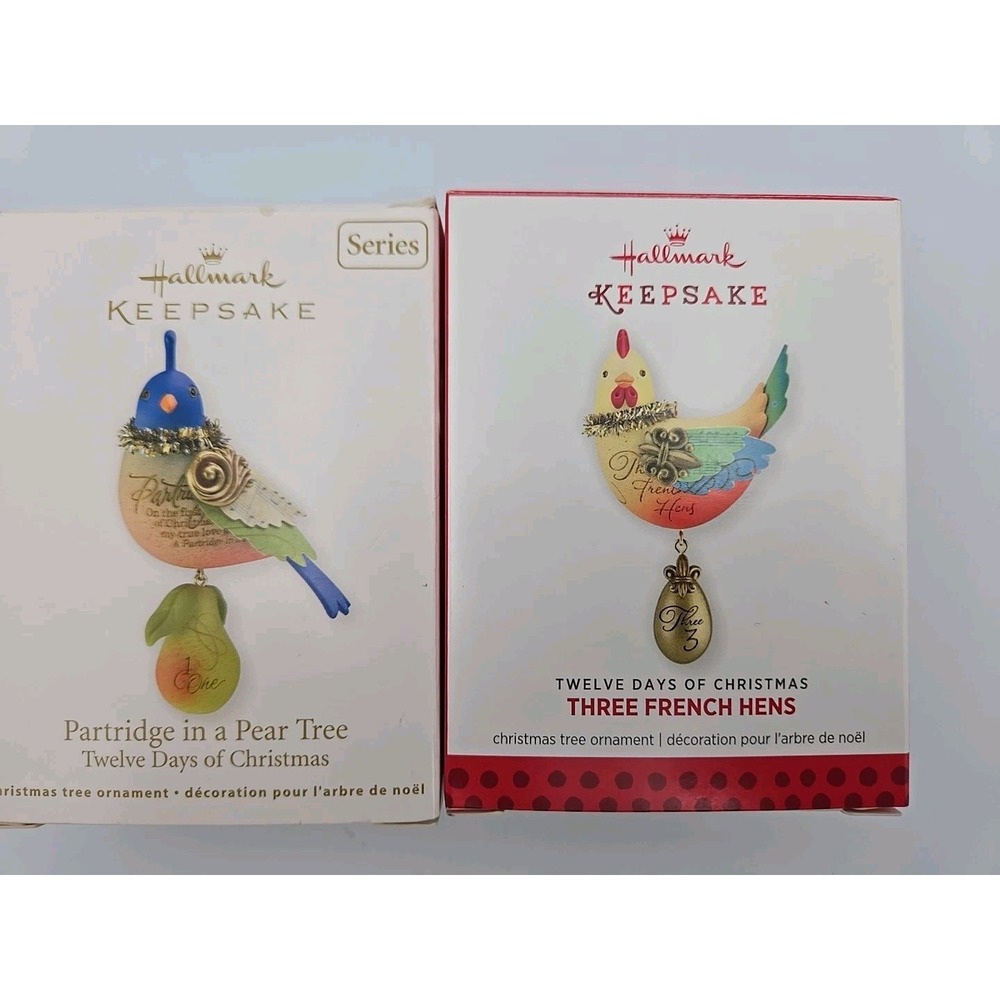 12 Days of Christmas Hallmark Ornament Series #1 Partridge Pear & #3 French Hens